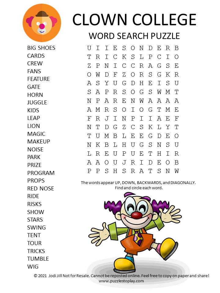 clown college word search puzzle