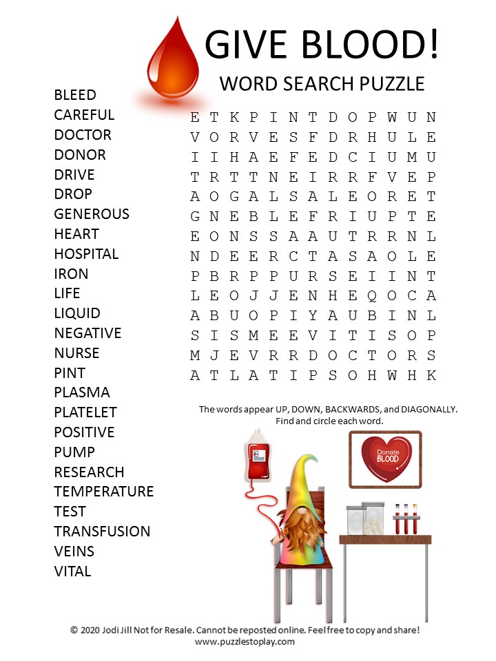 give blood word search puzzle