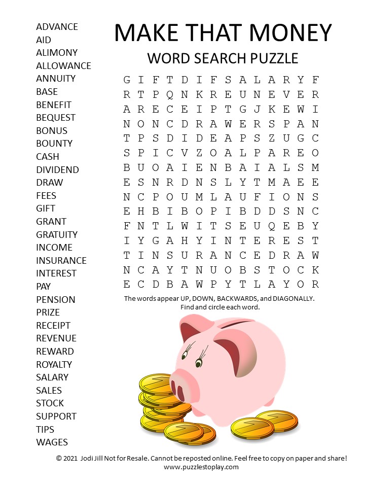 Money, Free Word Search Puzzle Worksheets