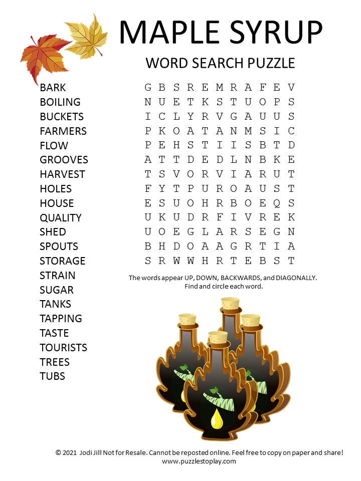 Maple Syrup Word Search Puzzle - Puzzles to Play