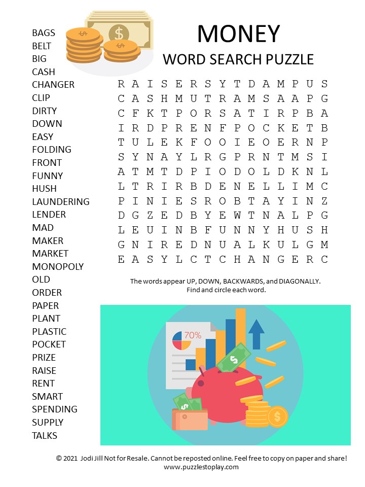 Money, Free Word Search Puzzle Worksheets