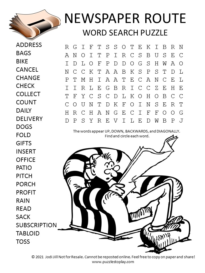 newspaper route word search puzzle puzzles to play