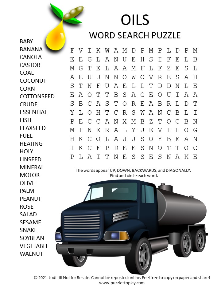 Oils Word Search Puzzle - Puzzles to Play