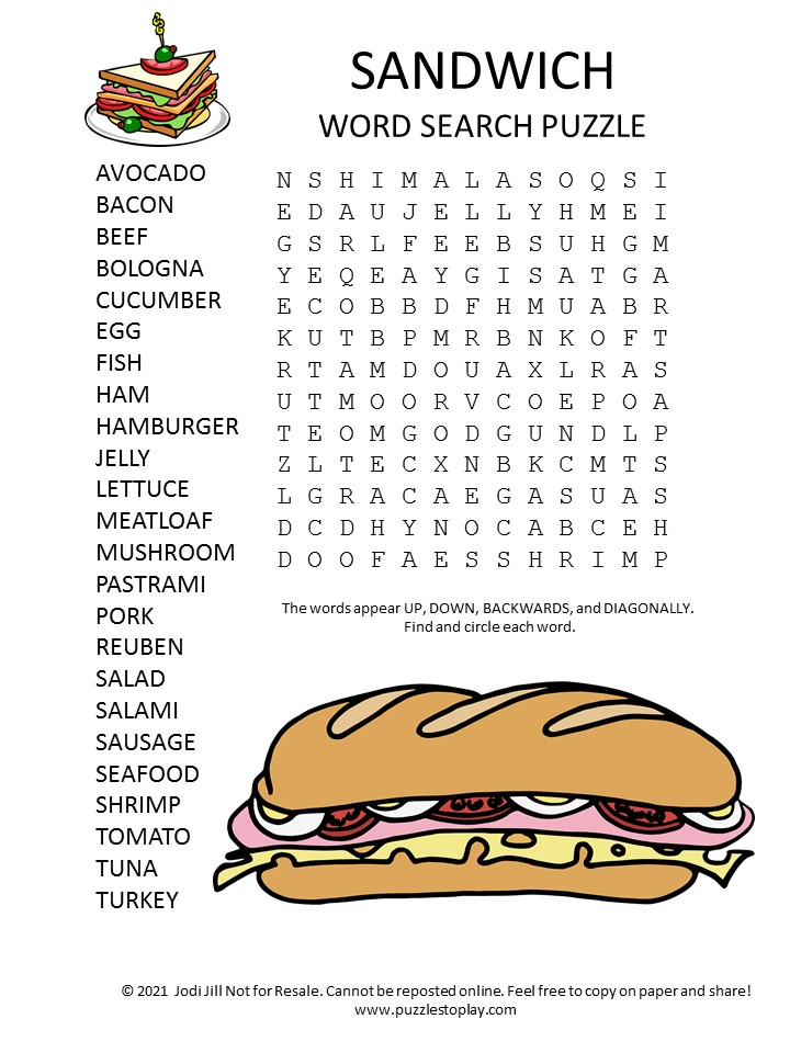 Sandwich word search puzzle - Puzzles to Play