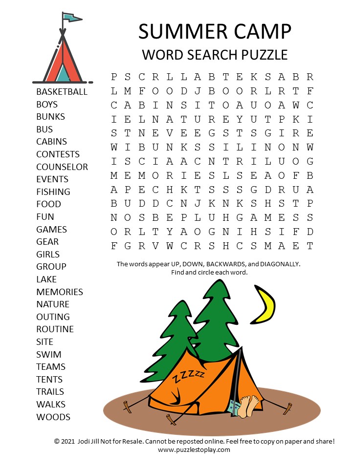summer camp word search puzzle