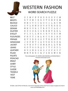 western fashion word search puzzle