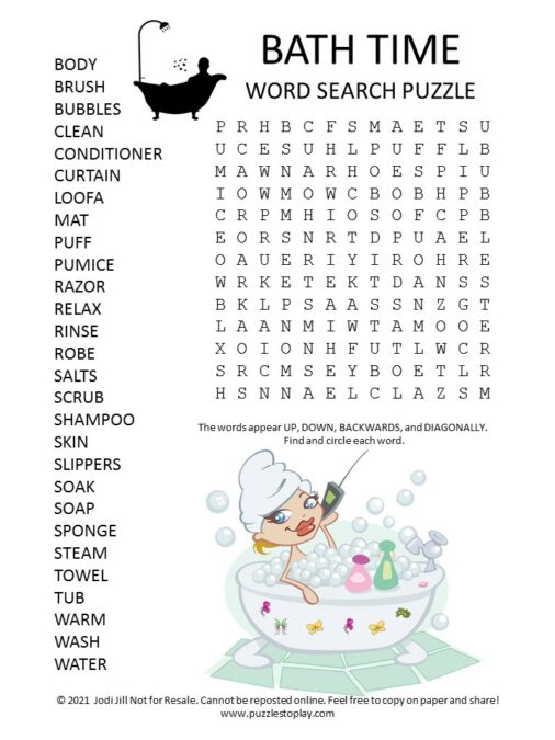 Bath Time Word Search puzzle Puzzles to Play