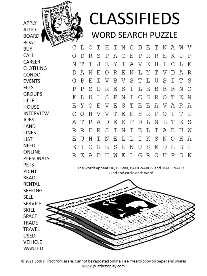 classifieds word search puzzle puzzles to play