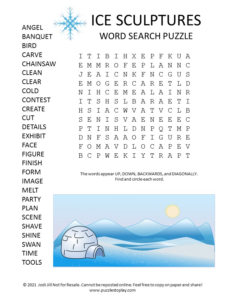 Ice Sculpture Word Search Puzzle