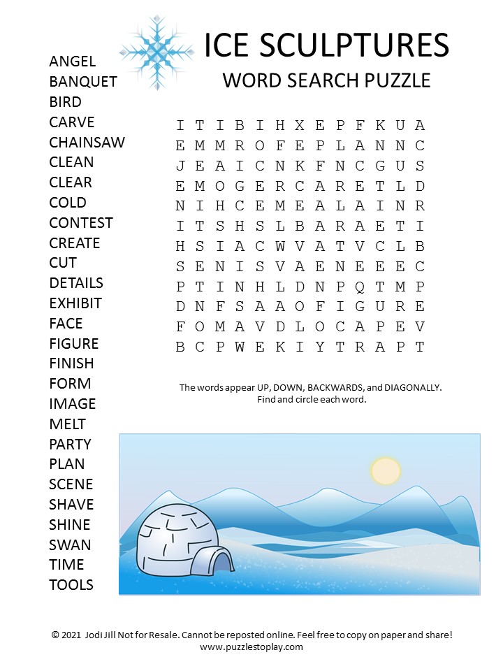 Ice Sculpture Word Search Puzzle - Puzzles to Play