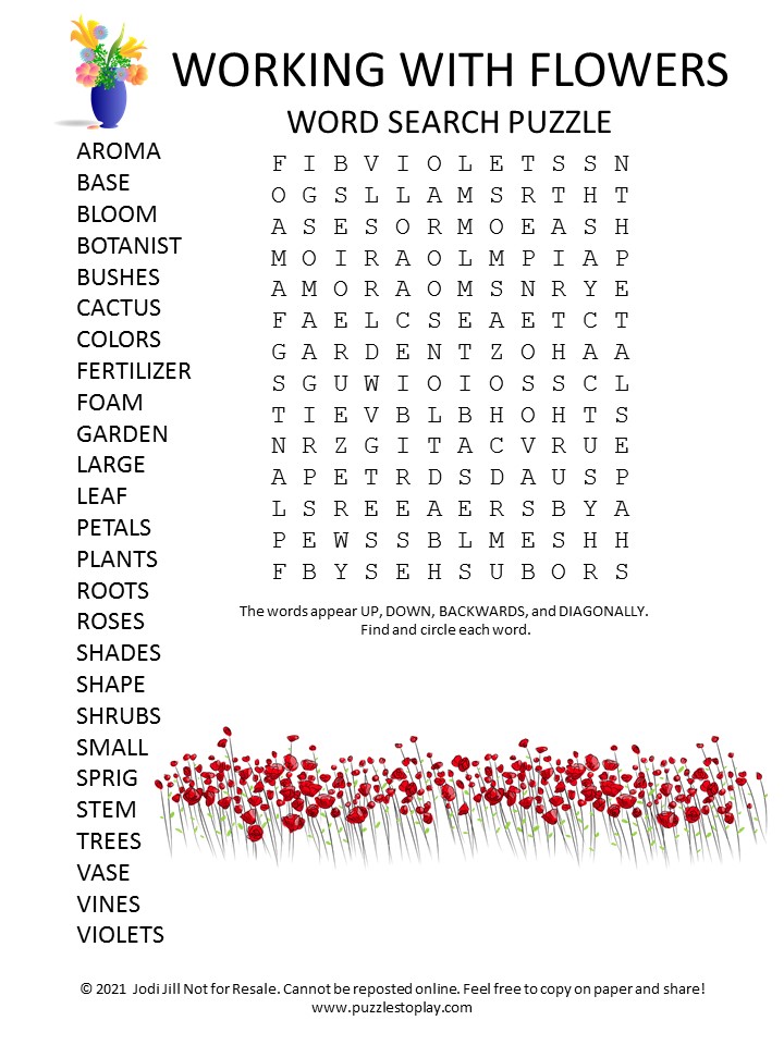 Working With Flowers Word Search Puzzle
