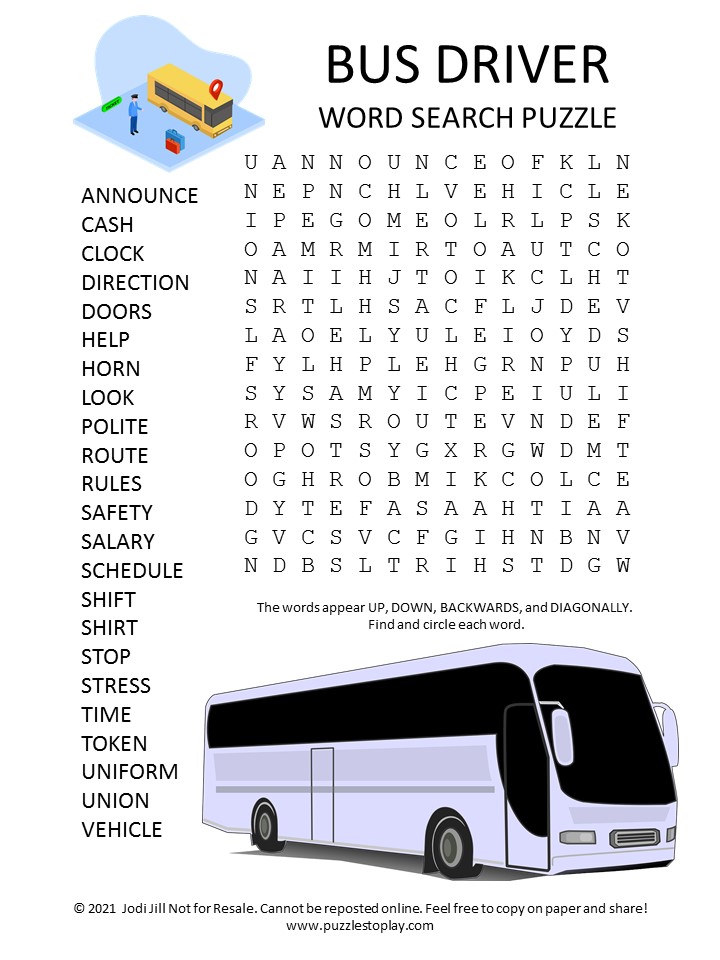 Bus Driver Word Search Puzzle Puzzles to Play