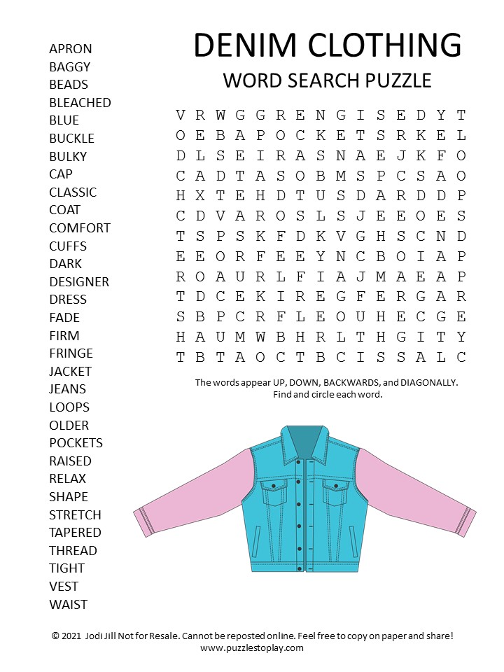 denim clothing word search puzzle
