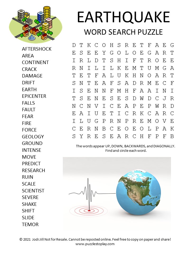 Earthquake Puzzle Page Vocabulary Word Search