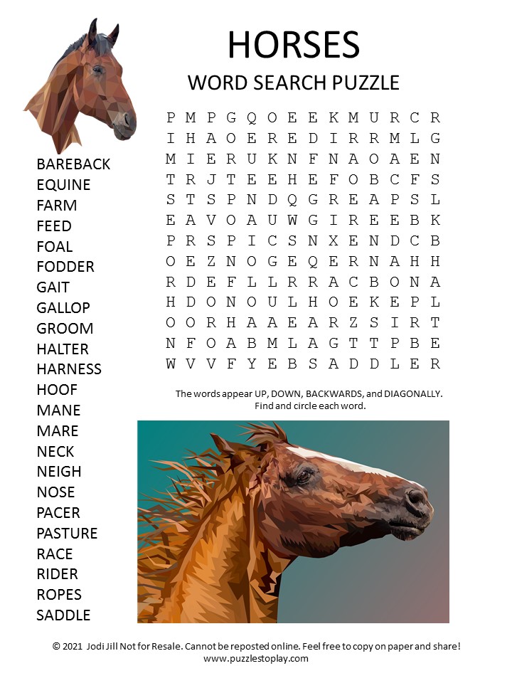 horses word search puzzle puzzles to play