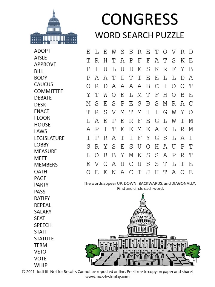 Congress Word Search Puzzle - Puzzles to Play