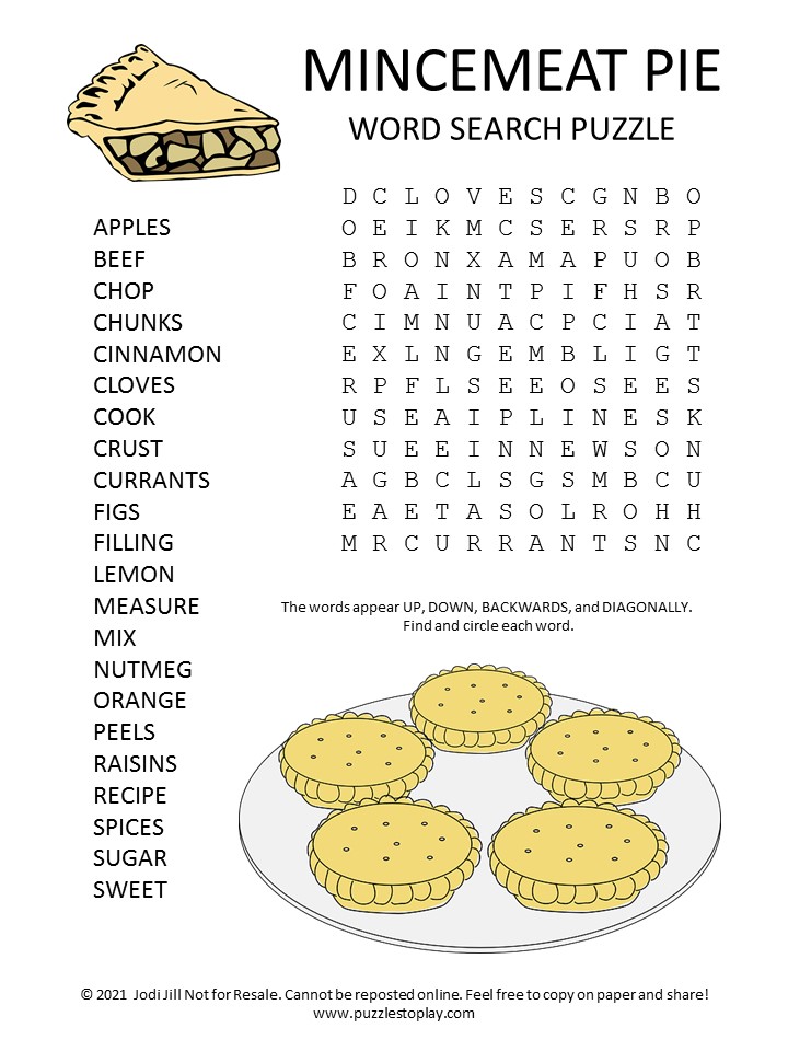 Mincemeat Pie Ingredients Word Search Puzzle