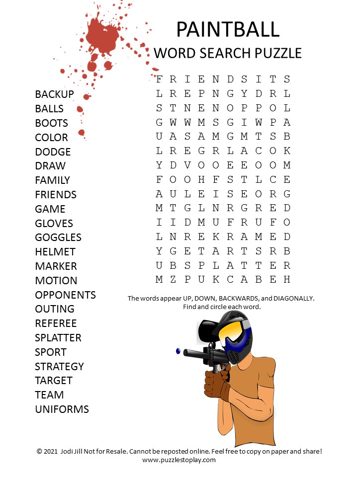 Paintball Word Search Puzzle