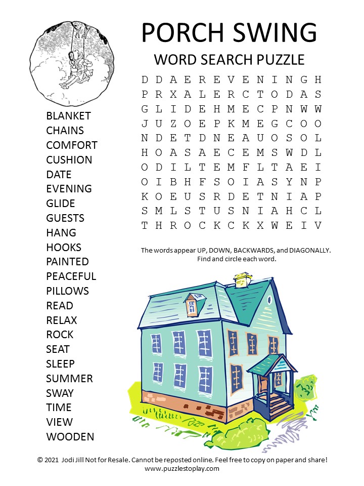 Porch Swing Word Search Puzzle - Puzzles to Play