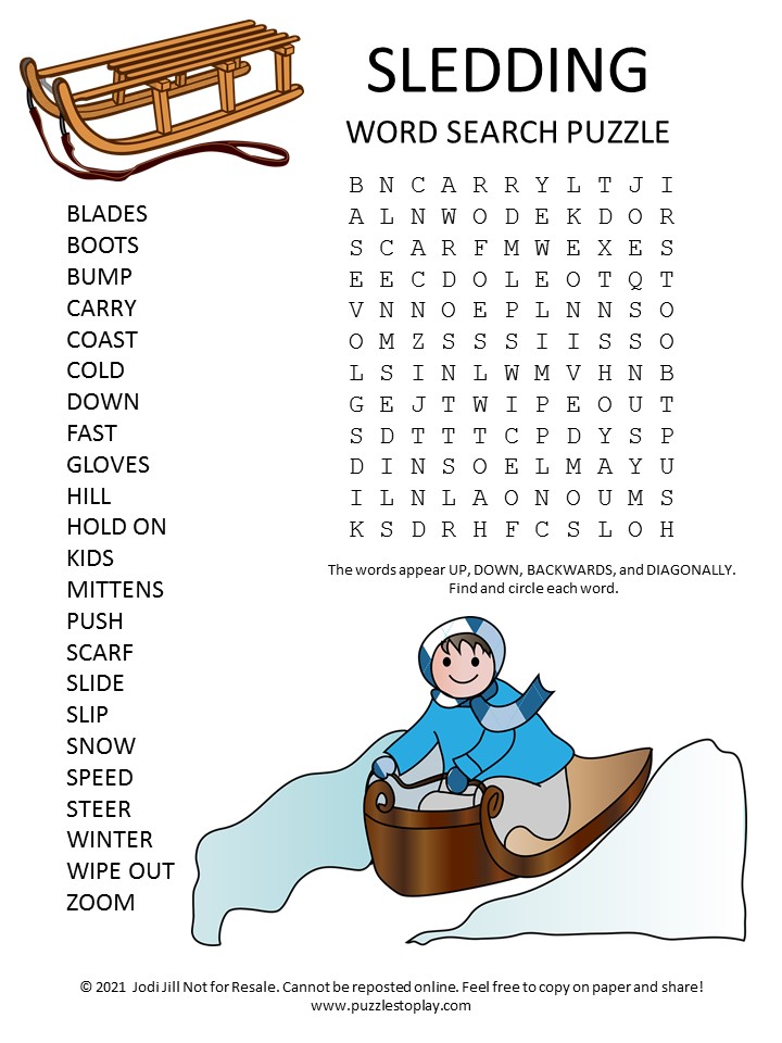 sledding word search puzzle