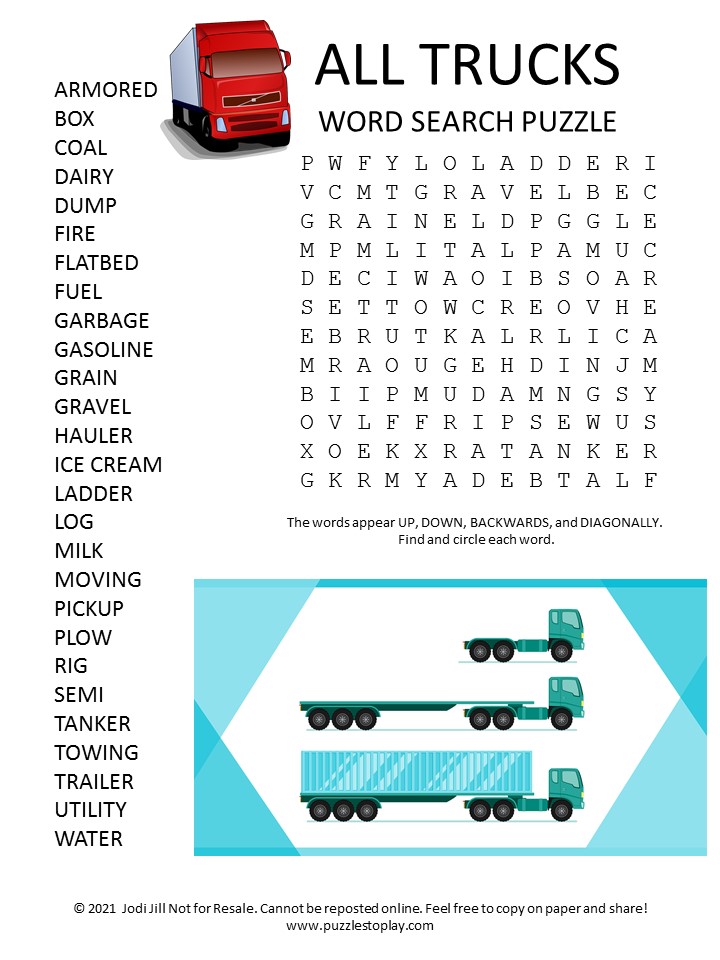 All Trucks Word Search Puzzle Puzzles to Play