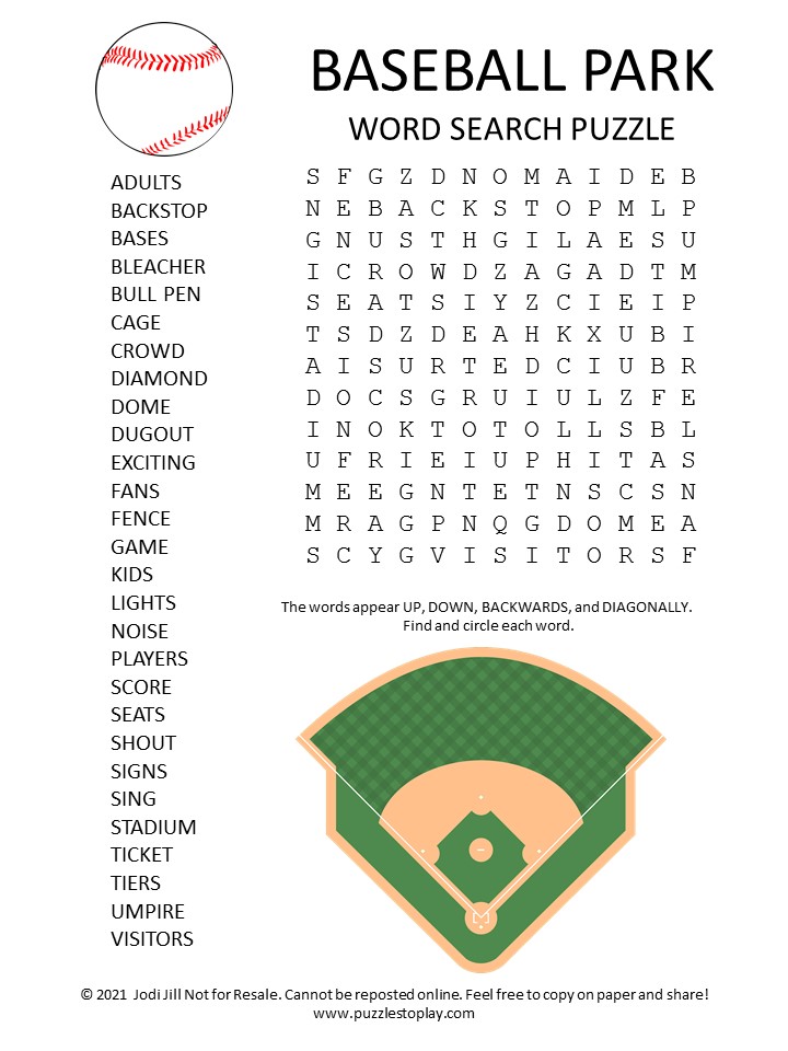 Baseball Park Word Search Puzzle Puzzles to Play