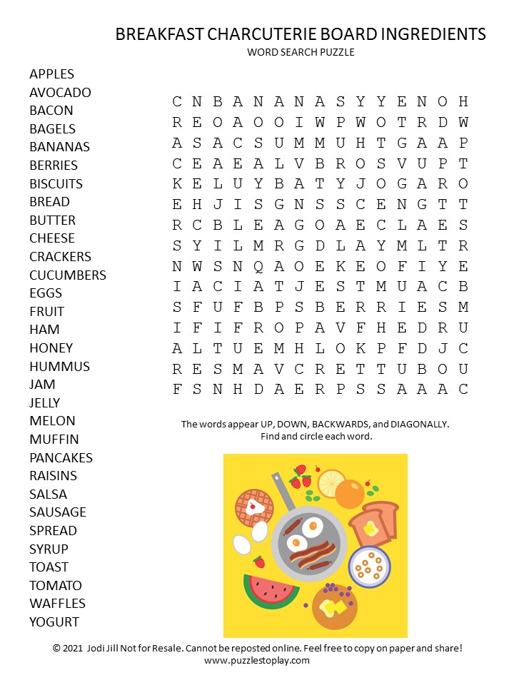 Breakfast Charcuterie Board Ingredients Word Search Puzzle