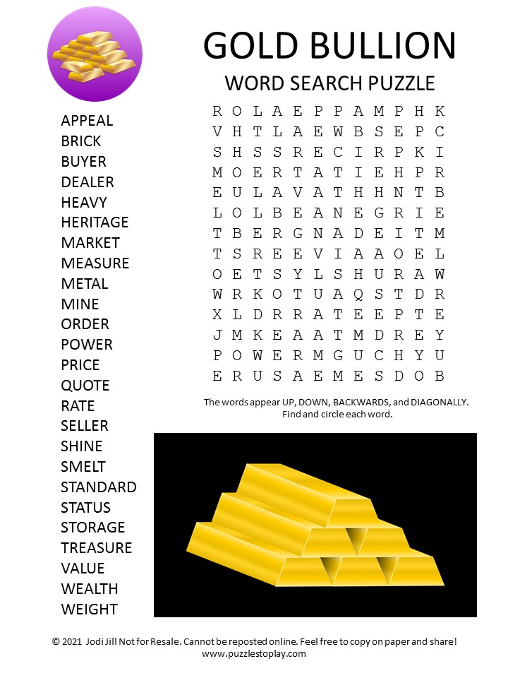 Gold Bullion Word Search Puzzle
