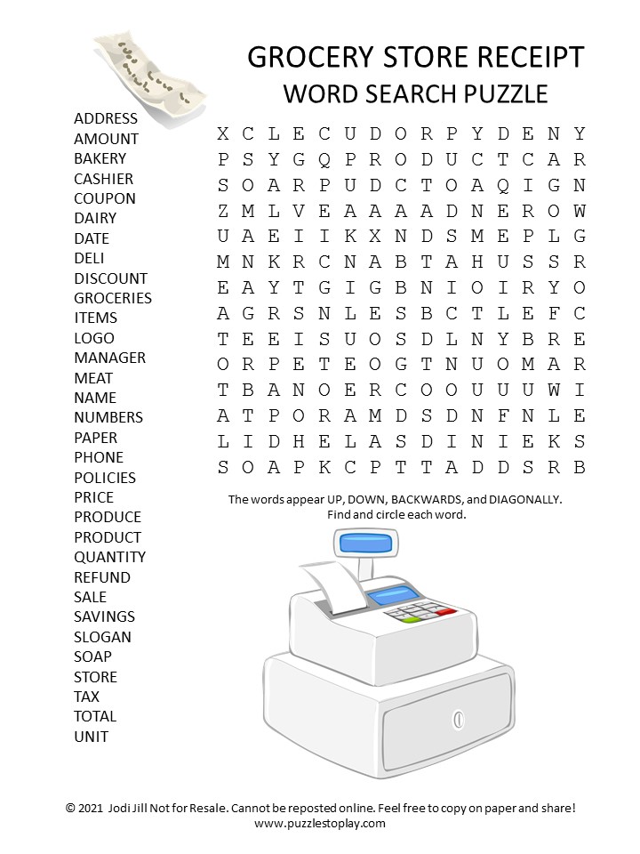 Grocery Store Receipt Word Search Puzzle