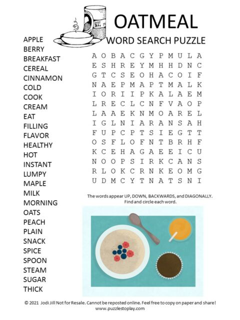 Oatmeal Word Search Puzzle - Puzzles to Play