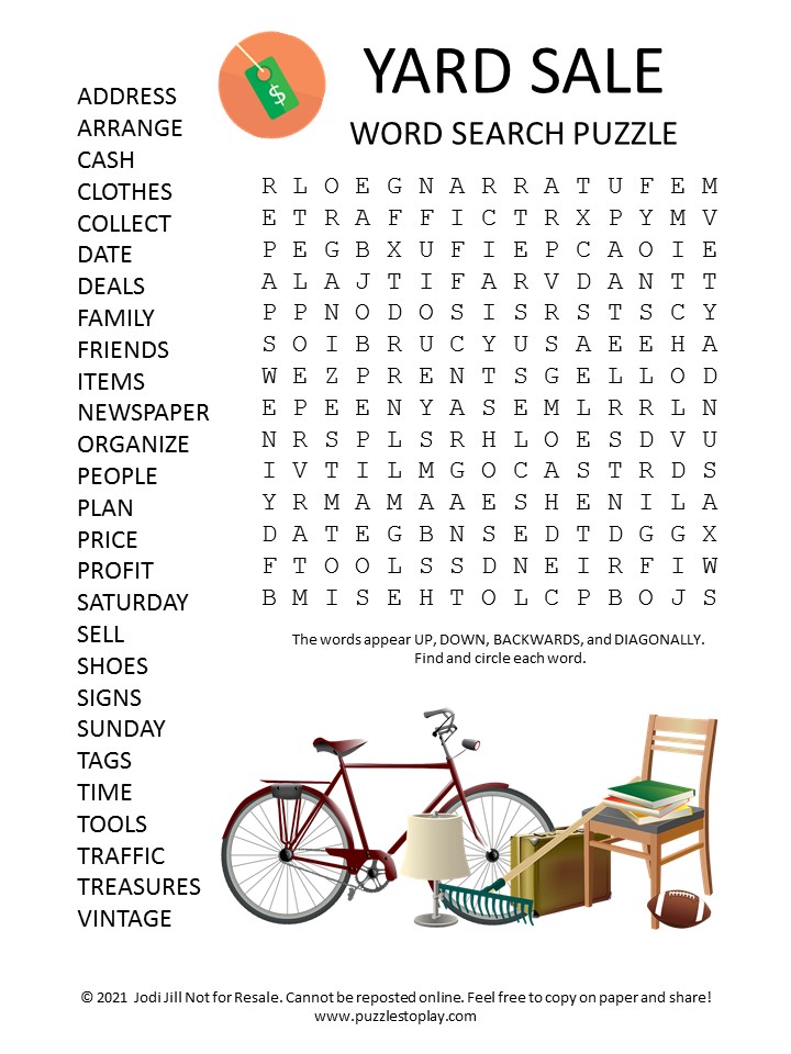 Yard Sale Word Search Puzzle - Puzzles to Play