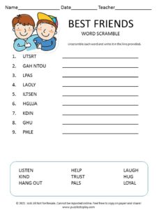 Best Friends word scramble for kids