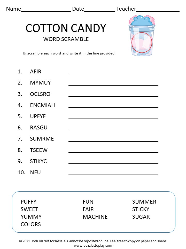 cotton candy word scramble for kids puzzles to play