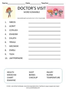 Doctor's visit word scramble for kids