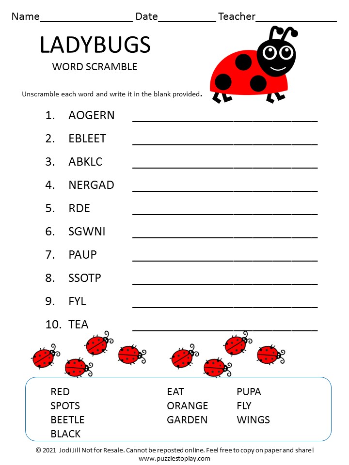 Ladybugs Word Scramble for Kids Puzzles to Play