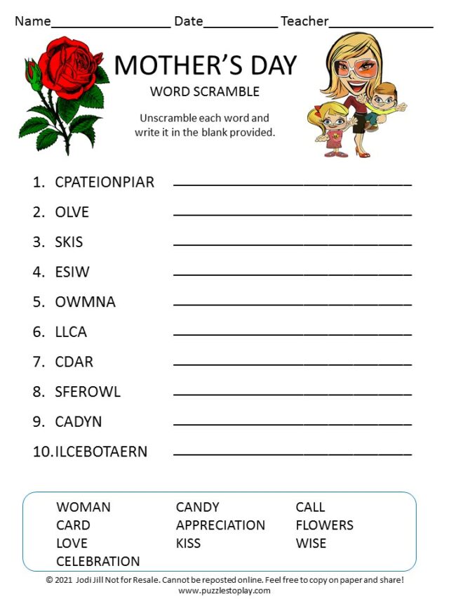 Mother's Day Word Scramble for Kids Puzzles to Play