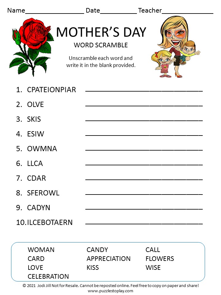 Mother's Day word scramble for kids