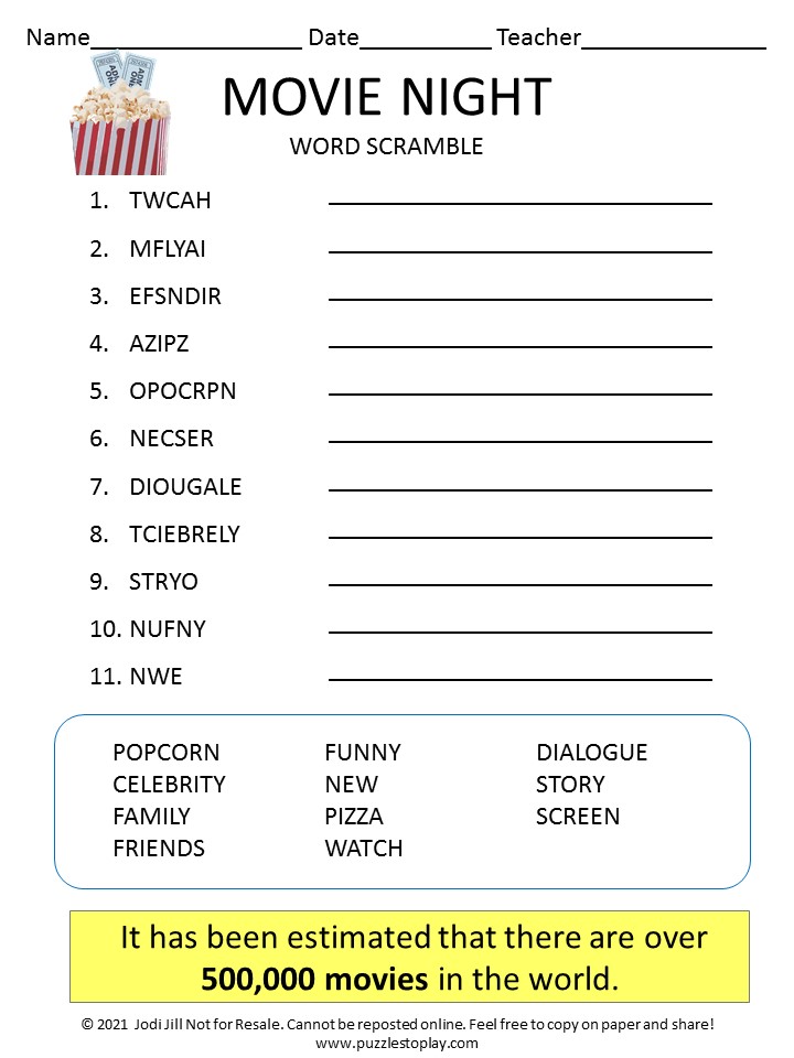 Movie Night Word Scramble for Kids - Puzzles to Play