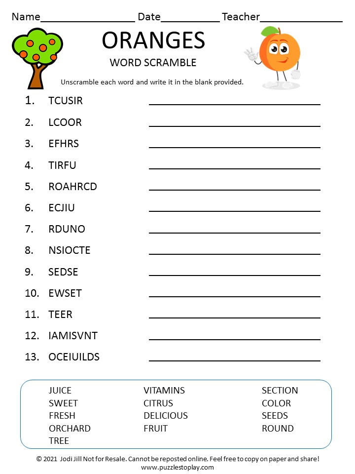 Oranges word scramble for kids
