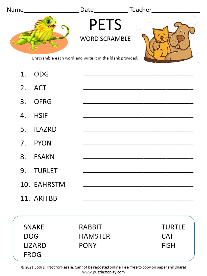 Pets word scramble for kids