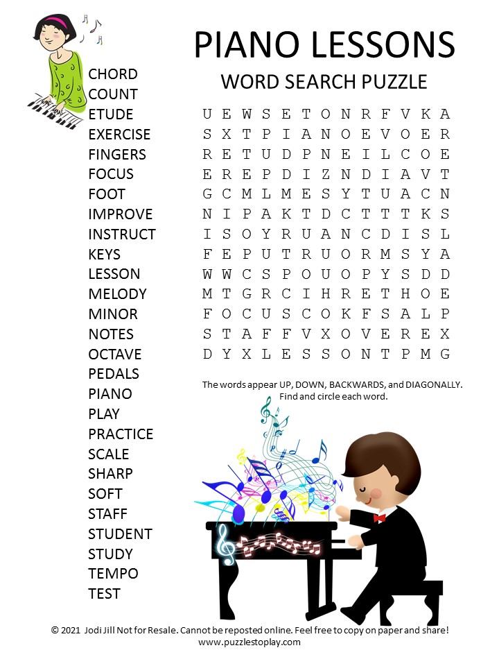 Piano Lessons Word Search Puzzle