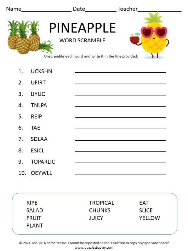 Pineapple word scramble for kids Puzzles to Play