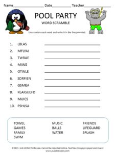 Pool Party word scramble for kids