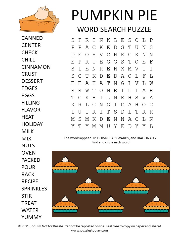 Pumpkin Pie Word Search Puzzle Puzzles To Play