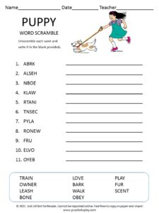 Puppy word scramble for kids
