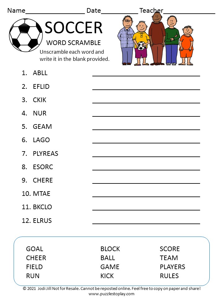 Soccer word scramble for kids