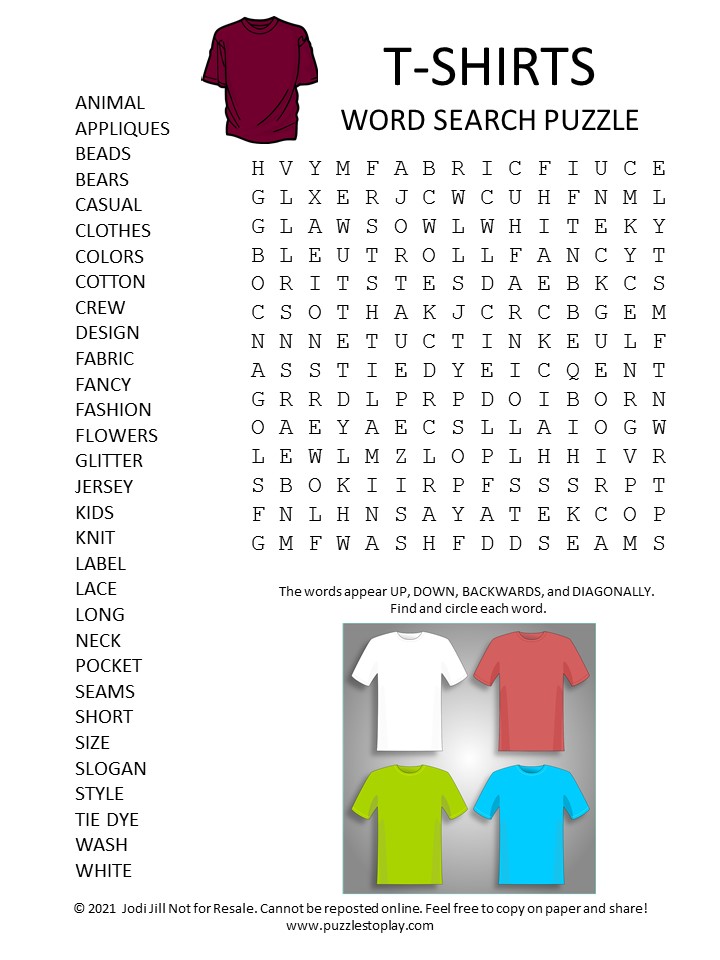 T Shirt Word Search Puzzle