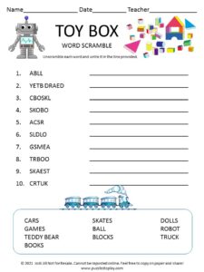 Toy Box word scramble for kids
