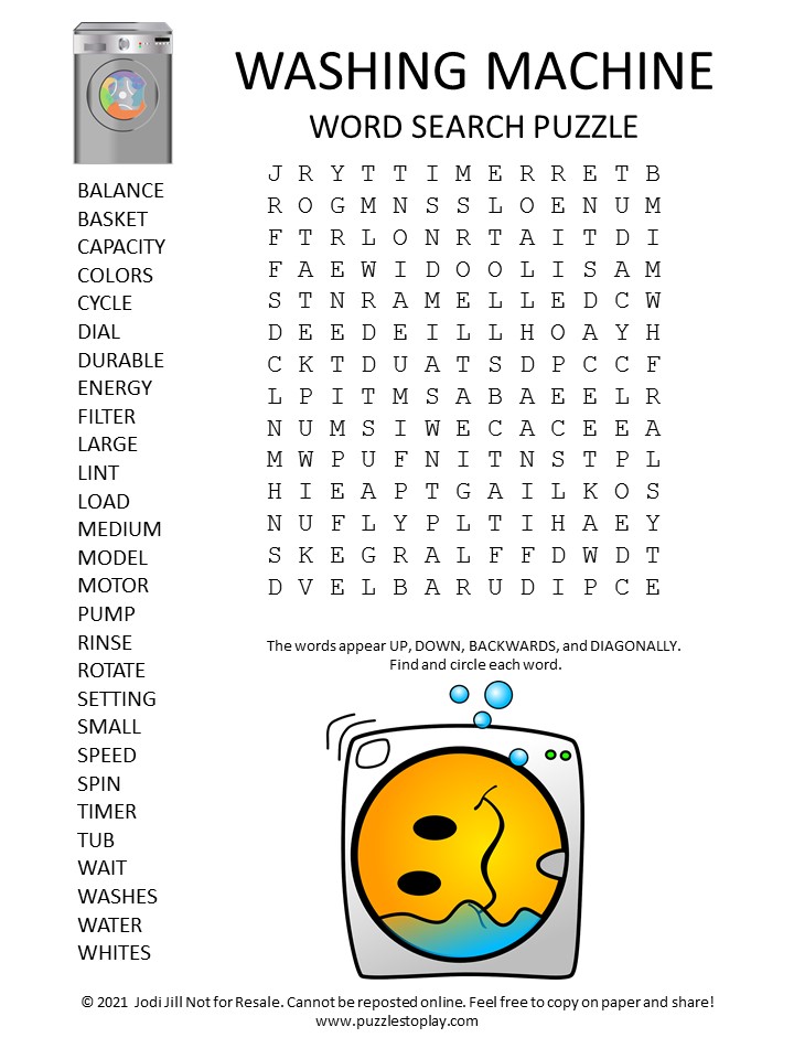 Washing Machine Word Search Puzzle
