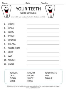Your Teeth word scramble for kids